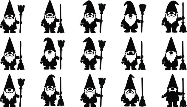 A set of fifteen black gnome each holding a broom, arranged in a grid pattern on a white background, for seasonal or, holiday themes