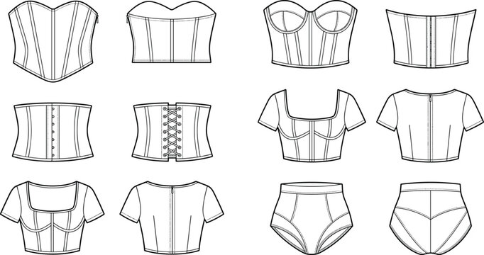 Technical fashion sketches of corsets, bustiers, and structured tops with construction details