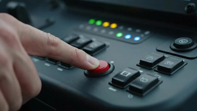 Close-up of a finger pressing a red button on a complex control panel with illuminated indicators