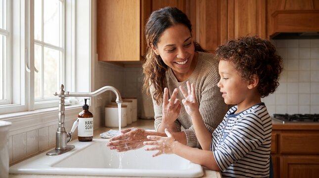 family bath time child hygiene parenting bathroom care mother routine designed for wellness outreach with biracial mother caramel wavy tea family detail shows a mother sharing a gentle child hygiene