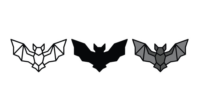 Set of three geometric bat icons in outline solid and grey styles for halloween design Vector