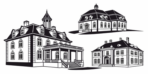 Black and white line of luxury mansions with architectural details line luxury mansions rooftops chimneys © AC