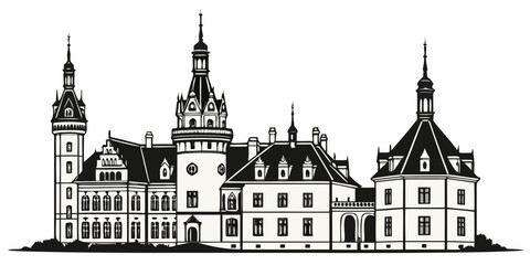 Luxury victorian-style mansion with turrets, arched windows, and white facade luxury mansion victorian architecture © AC