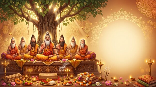Rishi Panchami festival banner background, sacred sages symbolism, holy scriptures, lotus flowers, glowing oil lamps, elegant mandala ornaments