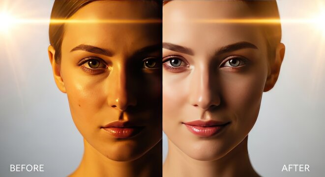 Woman face before and after makeup.