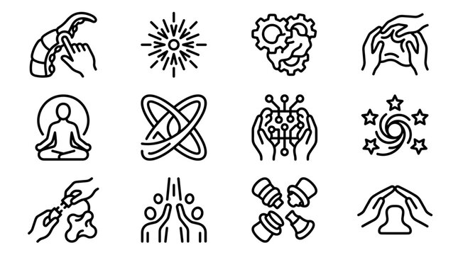 Diverse Icons Representing Technology, Innovation, Spirituality, and Teamwork