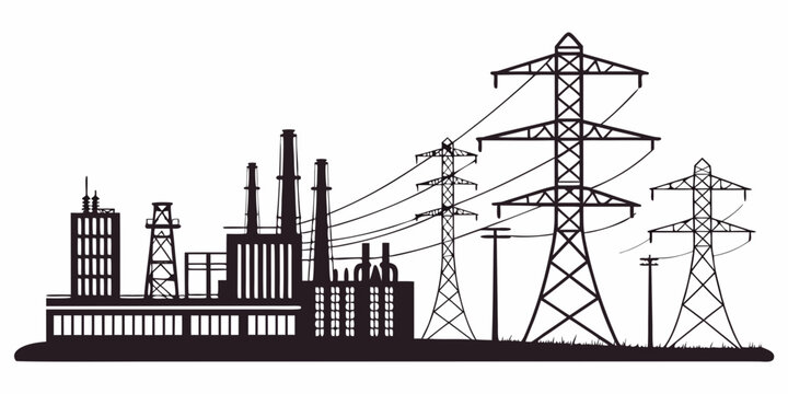 Isometric view of smart city infrastructure with electricity grid, substations, and power lines
