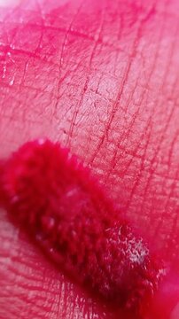 Close up of pink lip skin being applied with lip tint using a brush. Soft pigment application, makeup beauty concept for lip product.