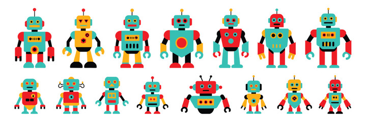 Fototapeta premium Retro Vintage Robot Icon Set Featuring Funny Flat Chatbot Characters with Cute Expressions Isolated on Gray Background