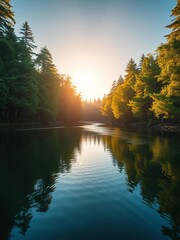 River's calm surface reflects sunlit forest canopy, landscape, serene © DITSARAPHAN