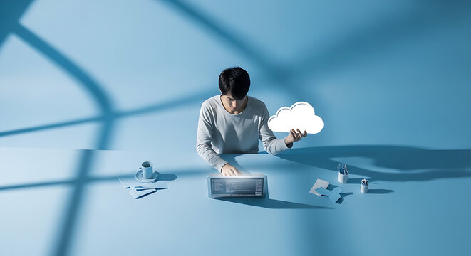 Young man holding a cloud symbol while working on a laptop