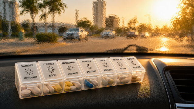 Close-up of a medication pillbox left on a car dashboard with visible heat haze distortion through the windshield. Medication heat exposure risk concept.