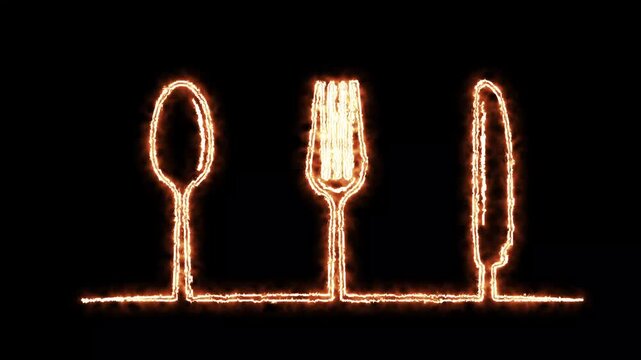 Fiery Spoon Fork Knife Animation on Black Background | 4K Food Fire Loop