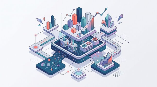Isometric data visualization with 3D geometric shapes and graphs