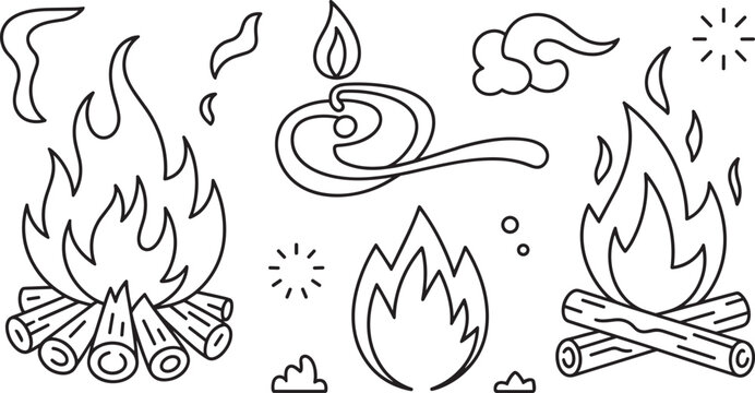 Minimalist bonfire vector icon set featuring campfire flames wood logs matchstick smoke and outdoor adventure elements isolated on white background,
