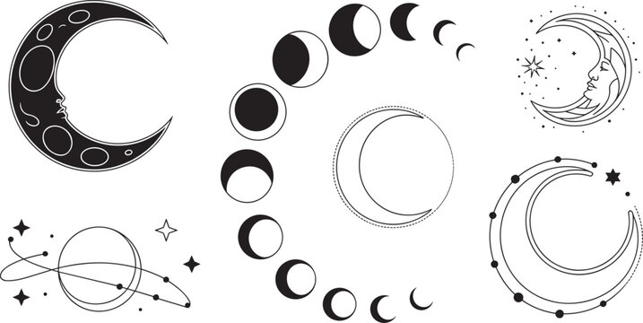 Mystical moon phases vector icon set featuring crescent crescent moon cycle stars planet and celestial astrology elements isolated on white background,