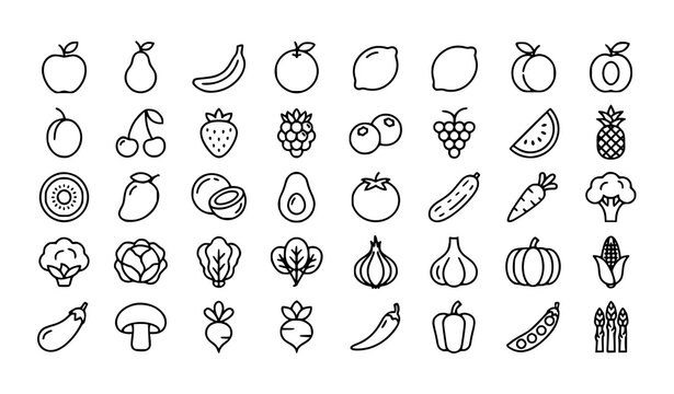 Large fruit and vegetable outline icon collection featuring fresh produce healthy food and botanical symbols