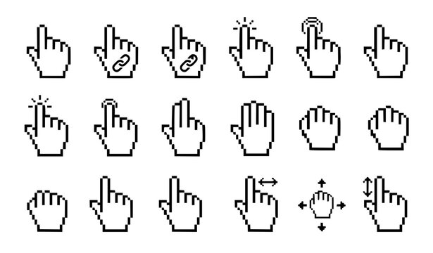 Pixel cursor hand icon collection featuring clicking pointing tapping and interactive mouse pointer symbols