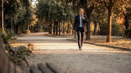 Fototapeta premium Caucasian male professional in dark business suit walking alone on tree-lined park path during golden hour, suitable for corporate, lifestyle, and business concepts.