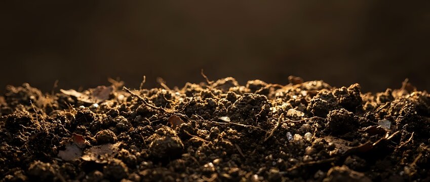 Rich, dark soil texture with warm golden lighting highlighting granular particles and organic matter. Suitable for agriculture, gardening, environmental, and earth science content.