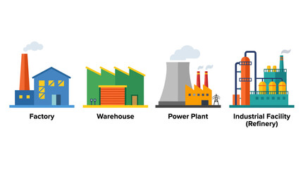 Fototapeta premium Industrial Factory and Manufacturing Plant Flat Vector Icon Collection