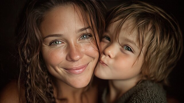 A tender portrait of a woman and a child, cheek-to-cheek, sharing an affectionate moment
