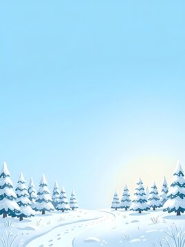 Winter Snowy Landscape Illustration with Pine Trees Under Blue Sky