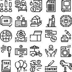 Fototapeta premium Line icon set illustrating business and commerce conceptshr, tax, finance, marketing, communication, content, management, analytics, workflow, contracts, growth, technology, security
