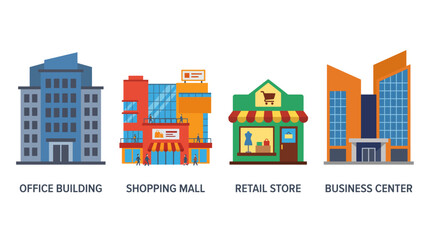 Obraz premium Modern Commercial Building and Retail Store Flat Vector Illustration Set