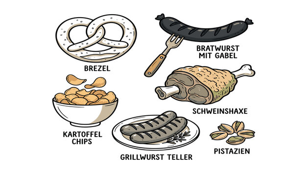German food set hand drawn vector illustration with pretzel bratwurst schweinshaxe kartoffel chips grillwurst and pistazien on white background