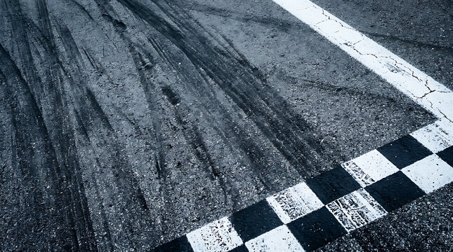 Asphalt race track with tire skid marks and checkered finish line texture