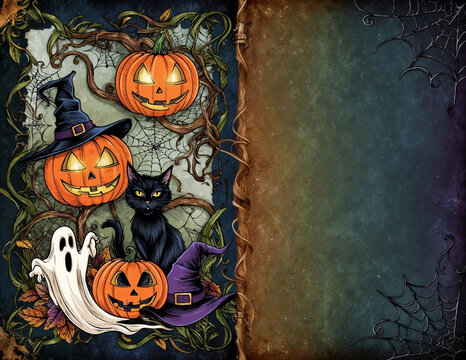 Double page aux illustrations d'halloween avec citrouilles, fant&ocirc;mes, toiles d'araign&eacute;es, chat noir, chapeau de sorci&egrave;re et feuillage d'automne dans les tons orange et vert.