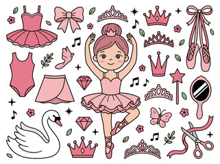 Obraz premium Cute Pink Ballerina and Ballet Accessory Vector Set