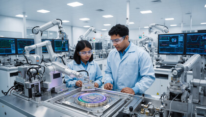 Naklejka premium Two young Asian engineers in lab coats and safety glasses supervising a high precision automated robotic arm handling microchips inside a modern high tech manufacturing facility