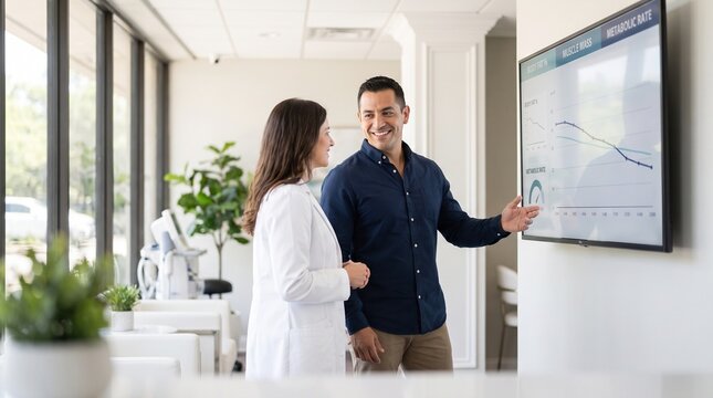 Doctor Reviewing Body Composition Progress and Metabolic Health Dashboard With Patient During Wellness Consultation