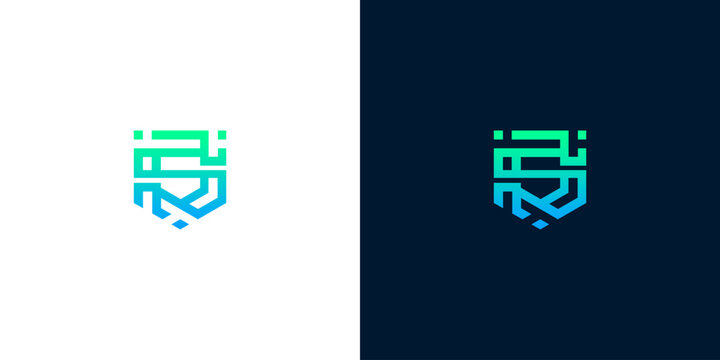 Abstract tech shield logo concept with letter S digital circuit line art design for cyber security and network protection