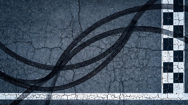 Top view of cracked asphalt racetrack background with tire skid marks and checkered finish line
