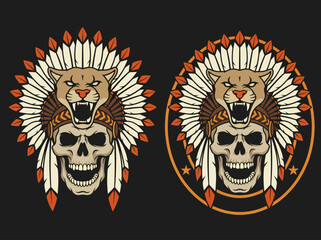 Fototapeta premium Vintage skull with Native American headdress and cougar mascot illustration