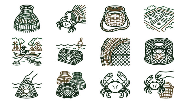 Traditional Fishing Traps and Crab Catching Methods - Line Art Icons