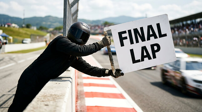 Race crew member holding a final lap sign on a motorsport speedway track