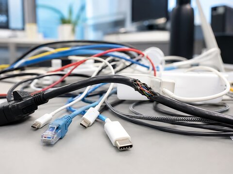 A tangled mess of various computer cables, usb cords, and ethernet wires on an office desk with one black cable showing exposed damaged wires