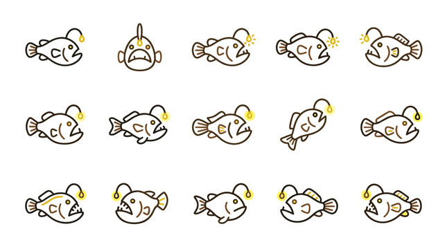 Collection of cute anglerfish illustrations with glowing lures, isolated on white background.