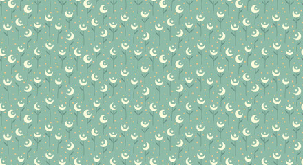 Seamless pattern with stylized moon and star flowers on a soft green background, minimalist bohemian style. © โยธิน ทุมจีน