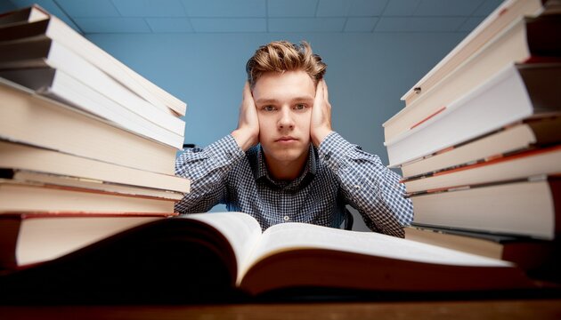 A young man looking stressed and overwhelmed by a large stack of books in front of him. He is sitting at a desk with his hands covering his ears, as if trying to block out noise.