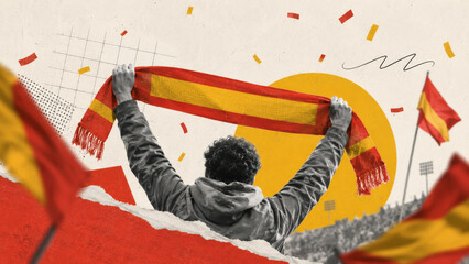 Plakat Spanish soccer fan raising scarf during match celebration, patriotic supporter concept in layered paper style