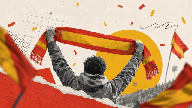 Spanish soccer fan raising scarf during match celebration, patriotic supporter concept in layered paper style