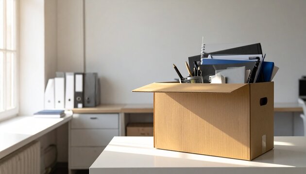 A cardboard box filled with office supplies sits on a desk in an empty office. The box contains files, folders, pens, and other stationery. This image symbolizes change, transition.