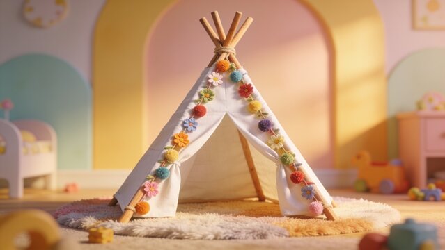 Cute wigwam with garland in stylish child's room