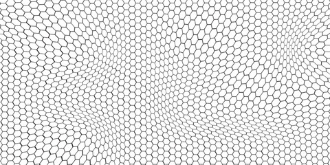 Fishing or soccer net. Repeated hexagon pattern. Black wired mesh texture isolated on white background. Metallic or fabric fence, cage or lattice structure. Vector graphic Illustration. © Ferdy