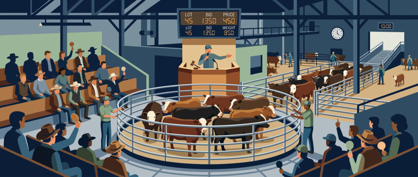 Cattle auction house with bidders and livestock in a circular ring.